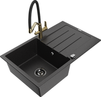 Mexen Bruno granite sink 1-bowl with drainer and Duo kitchen faucet, black/silver metallic - 6513-73-671701-57-B