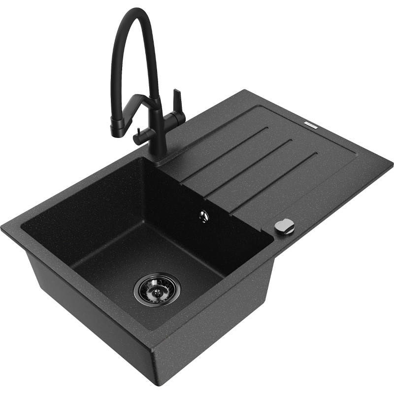Mexen Bruno granite sink 1-bowl with drainer and Duo kitchen faucet, black/silver metallic - 6513-73-671701-70-B