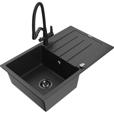 Mexen Bruno granite kitchen sink 1-bowl with drainer and Duo kitchen faucet, black/silver metallic - 6513-73-671701-70-B