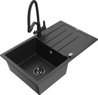 Mexen Bruno granite sink 1-bowl with drainer and Duo kitchen faucet, black/silver metallic - 6513-73-671701-70-B