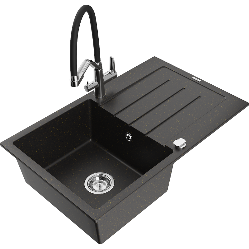 Mexen Bruno 1-compartment granite sink with a drip tray and kitchen mixer tap Duo, Black/ gold metallic - 6513-75-671701-07