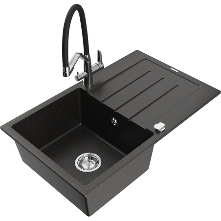 Mexen Bruno 1-Bowl Granite Sink with Drainer and Duo Kitchen Faucet, Black/Gold Metallic - 6513-75-671701-07