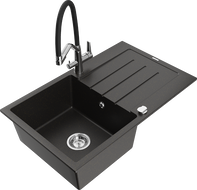 Mexen Bruno 1-compartment granite sink with a drip tray and kitchen mixer tap Duo, Black/ gold metallic - 6513-75-671701-07