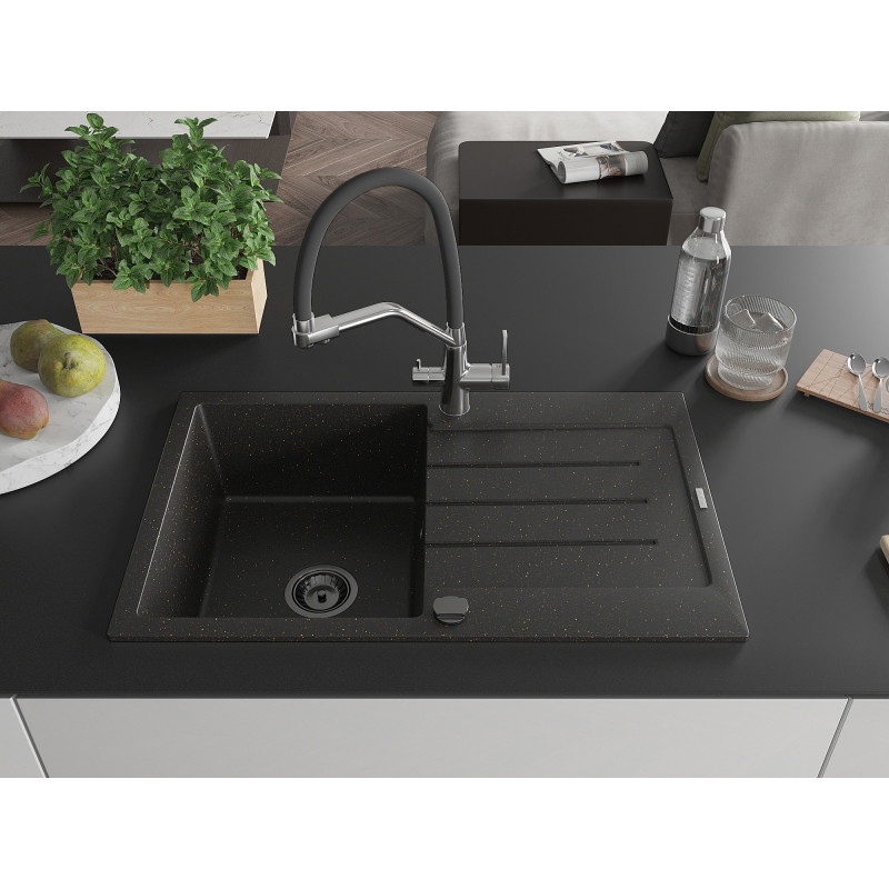 Mexen Bruno granite single-bowl sink with drainer and Duo kitchen faucet, black/gold metallic - 6513-75-671701-07-B