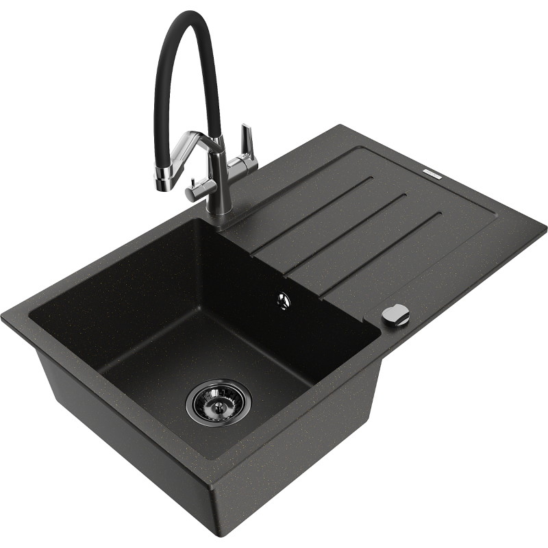 Mexen Bruno 1-Bowl Granite Kitchen Sink with Drainer and Duo Kitchen Faucet, Black/Gold Metallic - 6513-75-671701-07-B