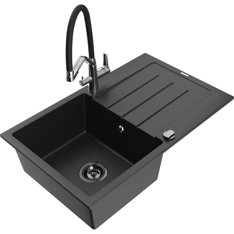 Mexen Bruno 1-compartment granite sink with a drip tray and kitchen mixer tap Duo, Black/ gold metallic - 6513-75-671701-07-B