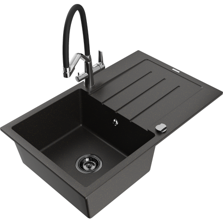 Mexen Bruno 1-Bowl Granite Kitchen Sink with Drainer and Duo Kitchen Faucet, Black/Gold Metallic - 6513-75-671701-07-B