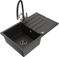 Mexen Bruno 1-Bowl Granite Kitchen Sink with Drainer and Duo Kitchen Faucet, Black/Gold Metallic - 6513-75-671701-07-B