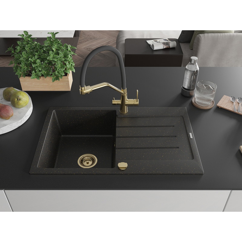 Mexen Bruno 1-bowl granite sink with drainer and Duo kitchen faucet, black/gold metallic - 6513-75-671701-57-G
