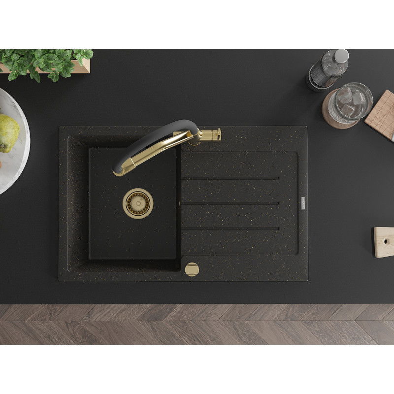 Mexen Bruno single-bowl granite sink with drainer and Duo kitchen tap, black/gold metallic - 6513-75-671701-57-G