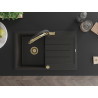 Mexen Bruno 1-bowl granite sink with drainer and Duo kitchen faucet, black/gold metallic - 6513-75-671701-57-G