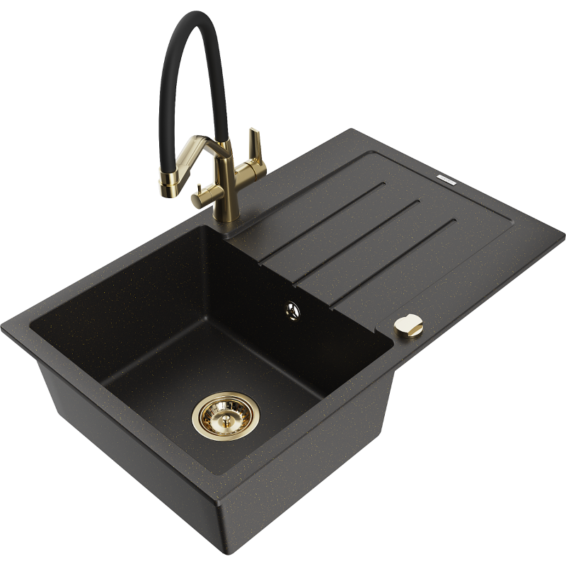 Mexen Bruno 1-compartment granite sink with a drip tray and kitchen mixer tap Duo, Black/ gold metallic - 6513-75-671701-57-G