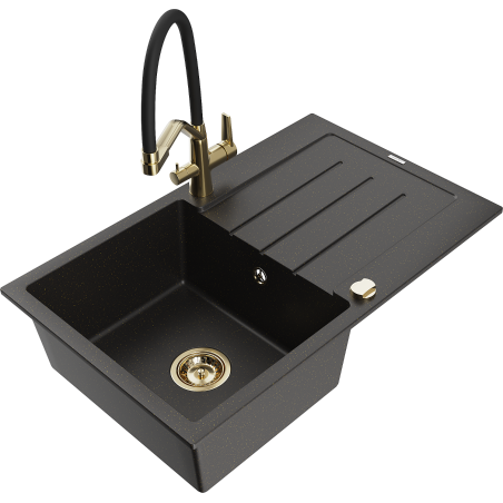 Mexen Bruno granite kitchen sink 1-bowl with drainer and Duo kitchen faucet, black/golden metallic - 6513-75-671701-57-G
