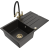 Mexen Bruno 1-bowl granite sink with drainer and Duo kitchen faucet, black/gold metallic - 6513-75-671701-57-G
