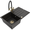 Mexen Bruno granite kitchen sink 1-bowl with drainer and Duo kitchen faucet, black/golden metallic - 6513-75-671701-57-G