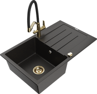 Mexen Bruno 1-bowl granite sink with drainer and Duo kitchen faucet, black/gold metallic - 6513-75-671701-57-G
