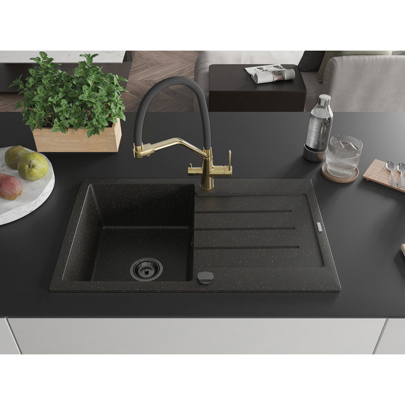 Mexen Bruno 1-bowl granite sink with drainer and Duo kitchen tap, black/gold metallic - 6513-75-671701-57-B