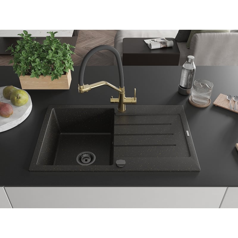 Mexen Bruno granite single-bowl kitchen sink with drainer and Duo kitchen faucet, black/gold metallic - 6513-75-671701-57-B