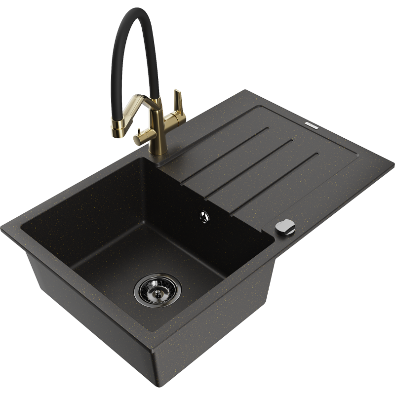 Mexen Bruno 1-bowl granite sink with drainer and Duo kitchen tap, black/gold metallic - 6513-75-671701-57-B