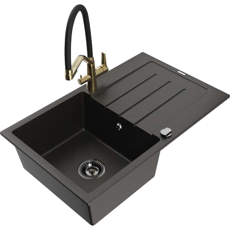 Mexen Bruno 1-compartment granite sink with a drip tray and kitchen mixer tap Duo, Black/ gold metallic - 6513-75-671701-57-B