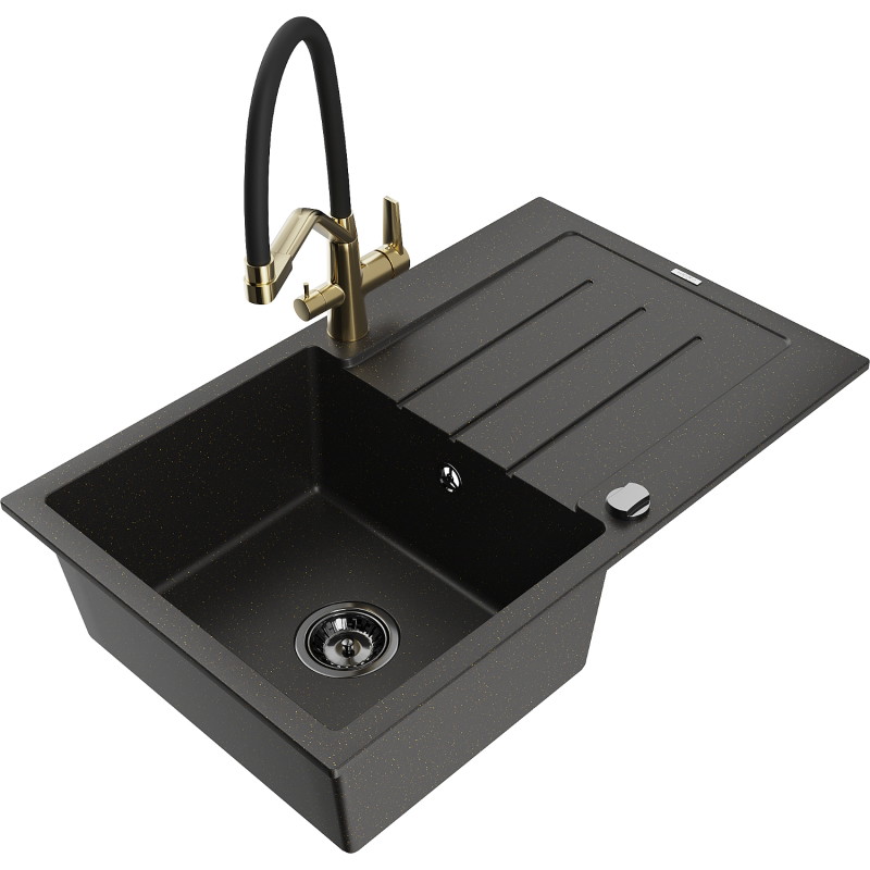 Mexen Bruno granite single-bowl kitchen sink with drainer and Duo kitchen faucet, black/gold metallic - 6513-75-671701-57-B