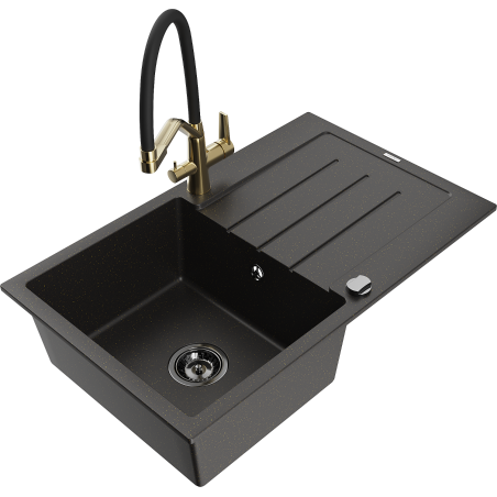 Mexen Bruno 1-bowl granite sink with drainer and Duo kitchen tap, black/gold metallic - 6513-75-671701-57-B