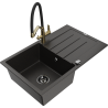 Mexen Bruno 1-bowl granite sink with drainer and Duo kitchen tap, black/gold metallic - 6513-75-671701-57-B