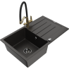 Mexen Bruno granite sink 1-bowl with drainer and kitchen faucet Duo, black/gold metallic - 6513-75-671701-57-B
