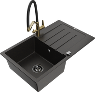 Mexen Bruno granite single-bowl kitchen sink with drainer and Duo kitchen faucet, black/gold metallic - 6513-75-671701-57-B
