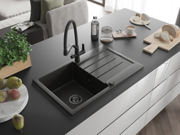 Mexen Bruno granite single-bowl sink with drainer and kitchen faucet Duo, black/gold metallic - 6513-75-671701-70-B