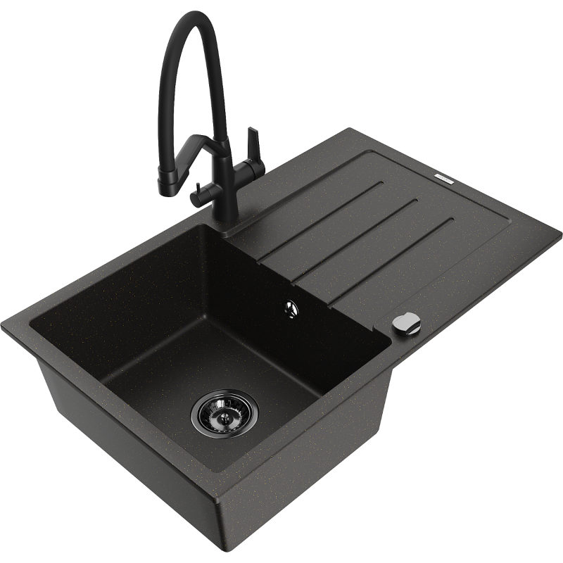 Mexen Bruno 1-bowl granite kitchen sink with drainer and Duo kitchen tap, black/gold metallic - 6513-75-671701-70-B