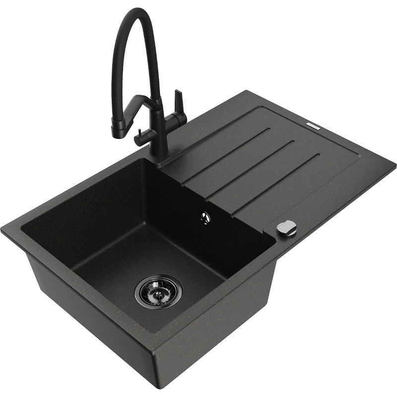 Mexen Bruno 1-compartment granite sink with a drip tray and kitchen mixer tap Duo, Black/ gold metallic - 6513-75-671701-70-B