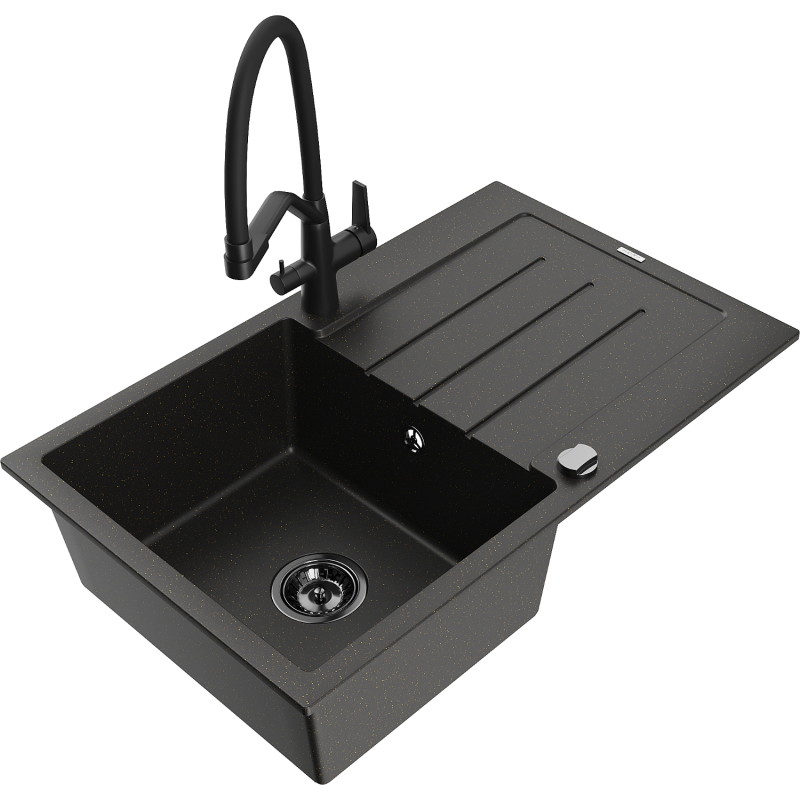 Mexen Bruno granite kitchen sink 1-bowl with drainer and Duo kitchen faucet, black/gold metallic - 6513-75-671701-70-B