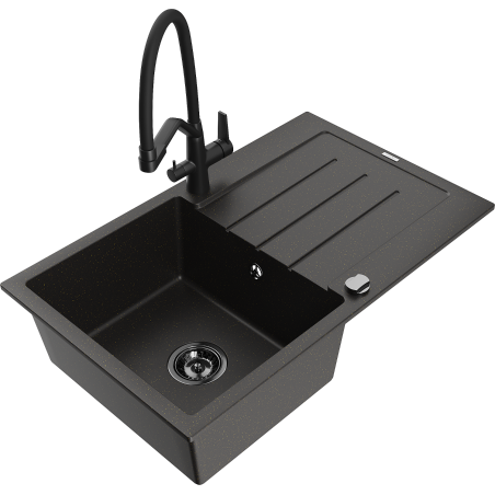 Mexen Bruno 1-bowl granite kitchen sink with drainer and Duo kitchen tap, black/gold metallic - 6513-75-671701-70-B