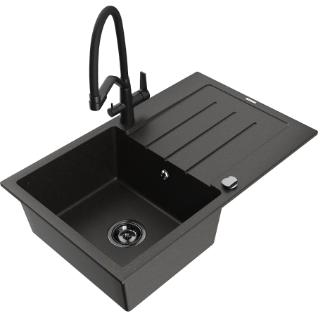 Mexen Bruno granite kitchen sink 1-bowl with drainer and Duo kitchen faucet, black/gold metallic - 6513-75-671701-70-B