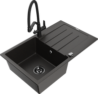 Mexen Bruno granite kitchen sink 1-bowl with drainer and Duo kitchen faucet, black/gold metallic - 6513-75-671701-70-B