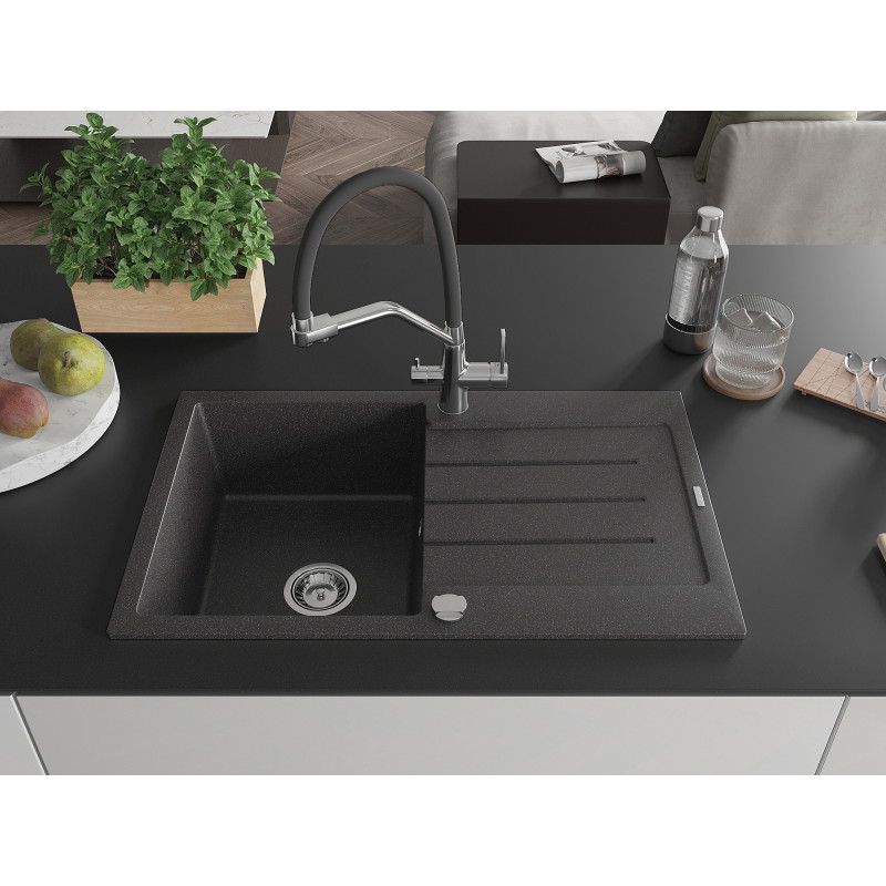 Mexen Bruno 1-bowl granite kitchen sink with drainer and Duo kitchen faucet, speckled black - 6513-76-671701-07