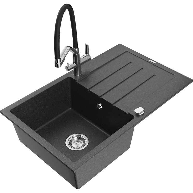 Mexen Bruno 1-compartment granite sink with a drip tray and kitchen mixer tap Duo, Spotted black - 6513-76-671701-07