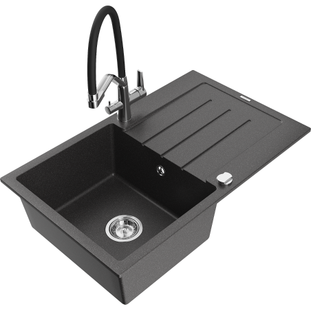 Mexen Bruno 1-bowl granite kitchen sink with drainer and Duo kitchen faucet, speckled black - 6513-76-671701-07