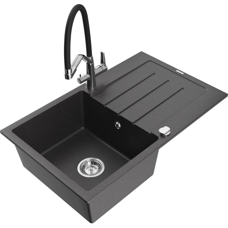 Mexen Bruno one-bowl granite sink with drainer and Duo kitchen tap, speckled black - 6513-76-671701-07