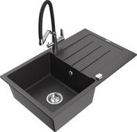 Mexen Bruno 1-bowl granite kitchen sink with drainer and Duo kitchen faucet, black speckled - 6513-76-671701-07