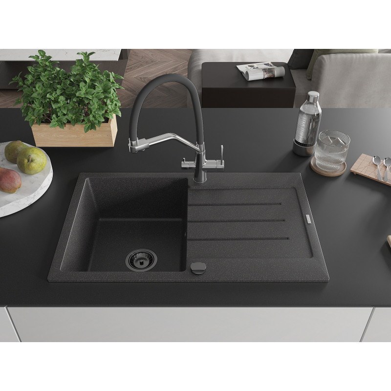 Mexen Bruno granite 1-bowl sink with drainer and Duo kitchen faucet, speckled black - 6513-76-671701-07-B