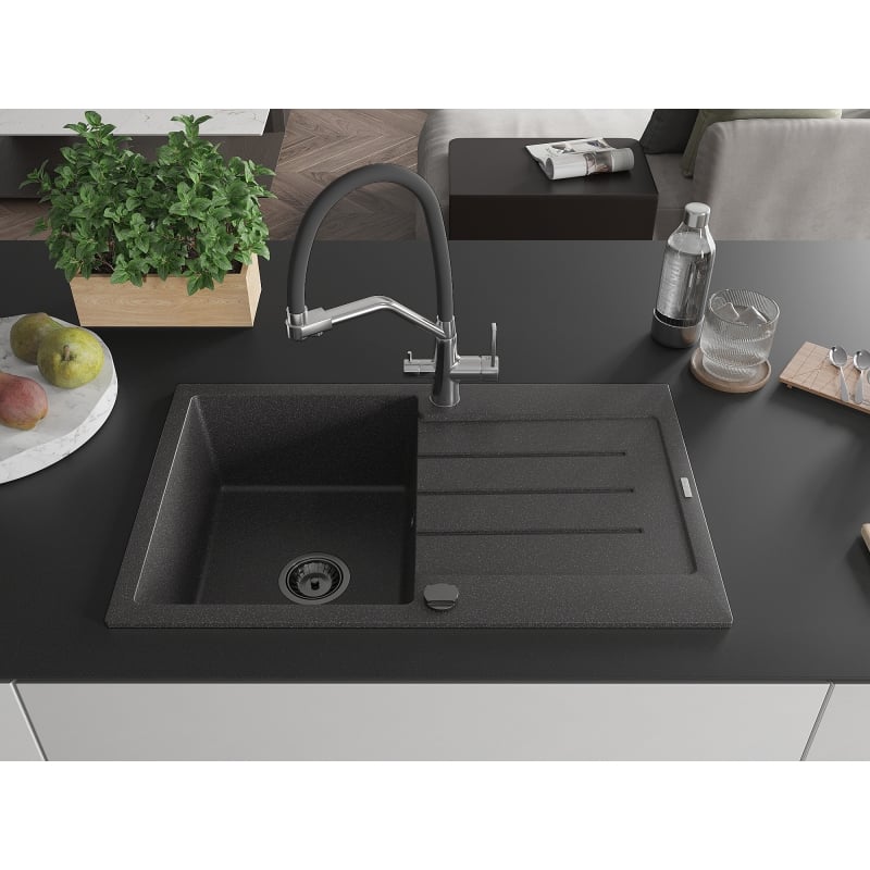 Mexen Bruno granite kitchen sink 1-bowl with drainer and kitchen tap Duo, speckled black - 6513-76-671701-07-B