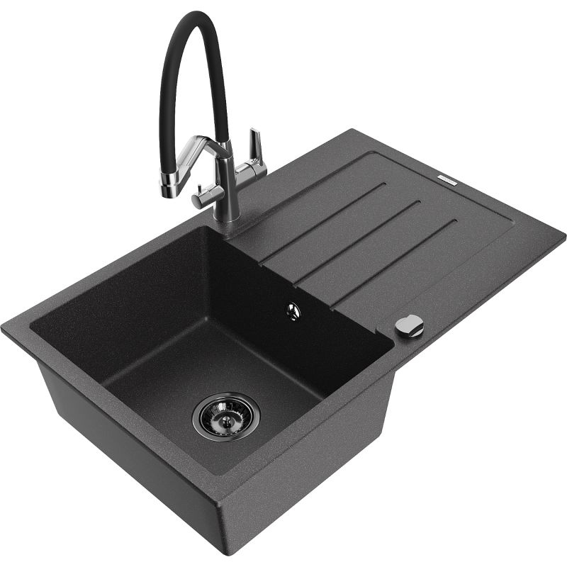 Mexen Bruno granite kitchen sink 1-bowl with drainer and Duo kitchen tap, black speckled - 6513-76-671701-07-B
