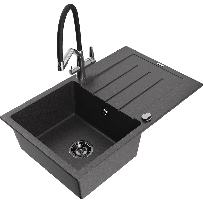 Mexen Bruno granite kitchen sink 1-bowl with drainer and kitchen tap Duo, speckled black - 6513-76-671701-07-B