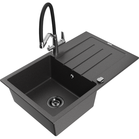 Mexen Bruno granite 1-bowl sink with drainer and Duo kitchen faucet, speckled black - 6513-76-671701-07-B