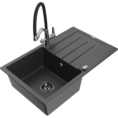 Mexen Bruno granite kitchen sink 1-bowl with drainer and kitchen tap Duo, speckled black - 6513-76-671701-07-B
