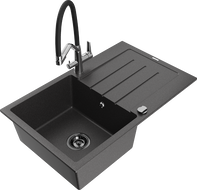 Mexen Bruno granite 1-bowl sink with drainer and Duo kitchen faucet, speckled black - 6513-76-671701-07-B