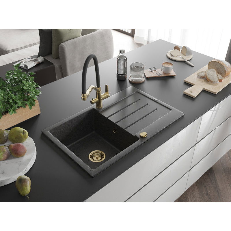 Mexen Bruno granite sink 1-bowl with drainer and Duo kitchen tap, speckled black - 6513-76-671701-57-G