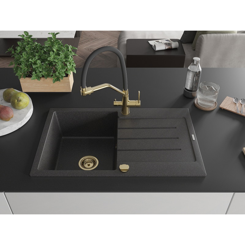 Mexen Bruno 1-bowl granite sink with drainer and Duo kitchen faucet, black speckled - 6513-76-671701-57-G